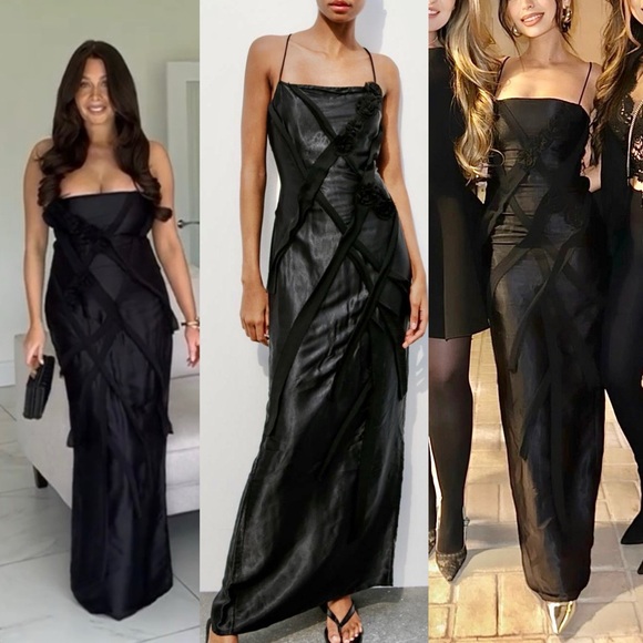Zara NWT black satin & mesh floral appliqué slip maxi dress with spaghetti strap - Picture 1 of 12